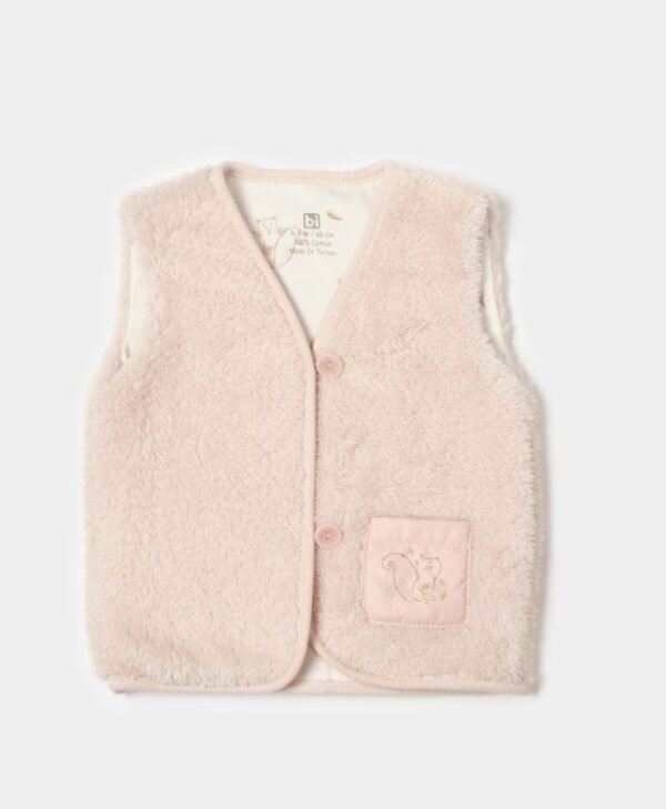 Kız Bebek Düğmeli Kedi Baskılı Cep Organik Peluş Yelek - 3. görsel