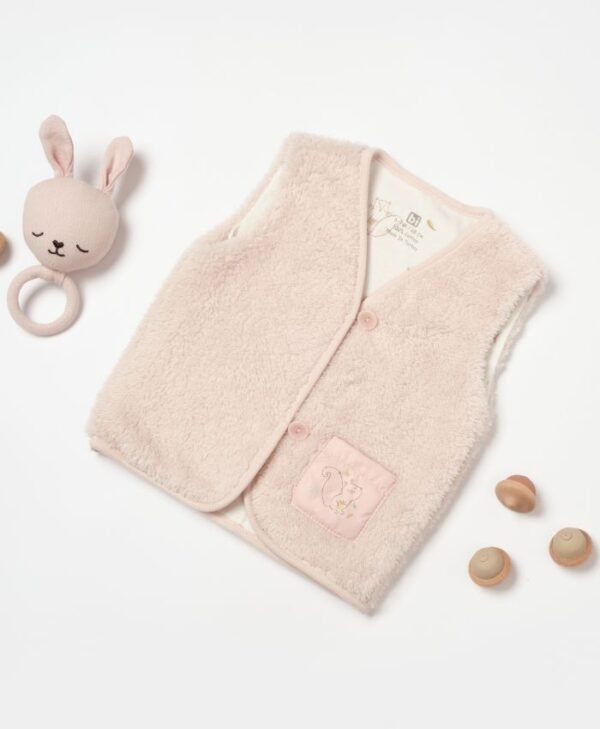 Kız Bebek Düğmeli Kedi Baskılı Cep Organik Peluş Yelek - 4. görsel