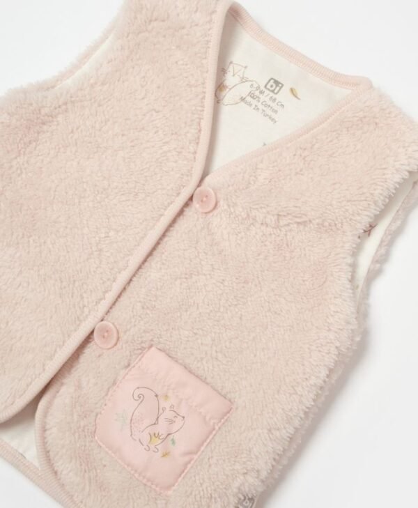 Kız Bebek Düğmeli Kedi Baskılı Cep Organik Peluş Yelek - 5. görsel