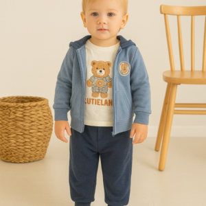 Erkek Bebek Kapşonlu Hırkalı - Ayıcık Baskılı - Sweat - Pantolon - Kapşonlu Hırka 3lü Takım - Almira Bebek