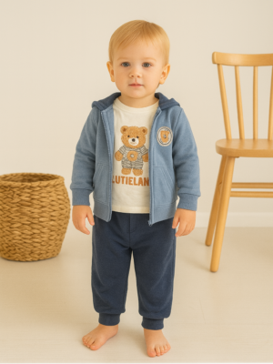 Erkek Bebek Kapşonlu Hırkalı - Ayıcık Baskılı - Sweat - Pantolon - Kapşonlu Hırka 3lü Takım - Almira Bebek