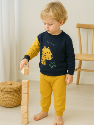 Erkek Bebek Friend Wild Yazılı Köpek Baskılı 2li Takım - Almira Bebek