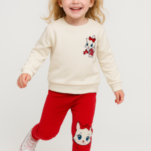 Kız Bebek Kedi Baskılı - Fitilli Taytlı - Beyaz Renk - Uzun Kollu 2li Takım - Almira Bebek