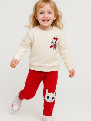 Kız Bebek Kedi Baskılı - Fitilli Taytlı - Beyaz Renk - Uzun Kollu 2li Takım - Almira Bebek