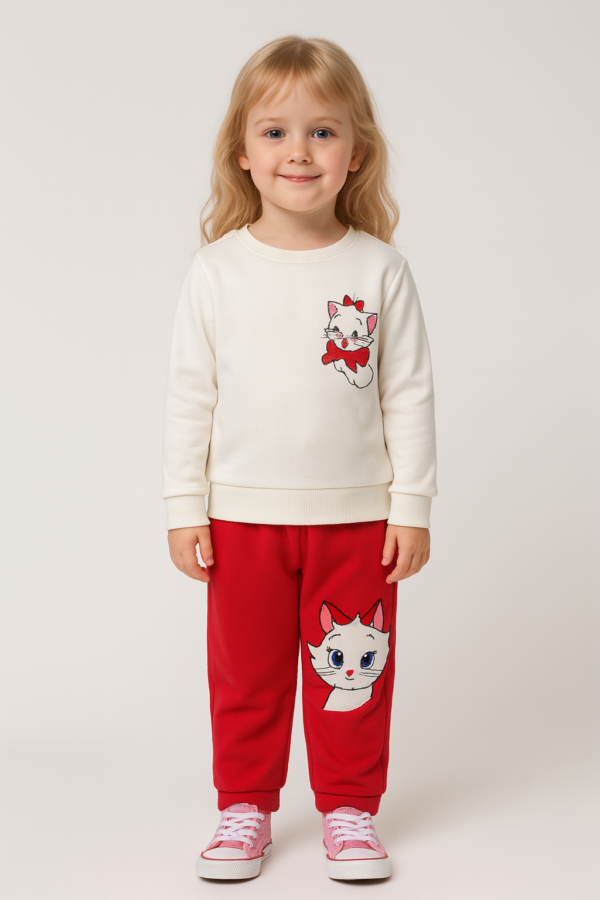 Kız Bebek Kedi Baskılı - Fitilli Taytlı - Beyaz Renk - Uzun Kollu 2li Takım - 2. görsel