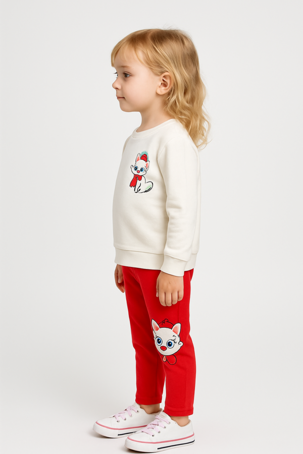 Kız Bebek Kedi Baskılı - Fitilli Taytlı - Beyaz Renk - Uzun Kollu 2li Takım - 3. görsel