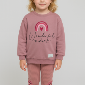 Kız Çocuk Wonderful Yazılı Gökkuşağı Baskılı - Fitilli - Uzun Kollu Takım - Almira Bebek