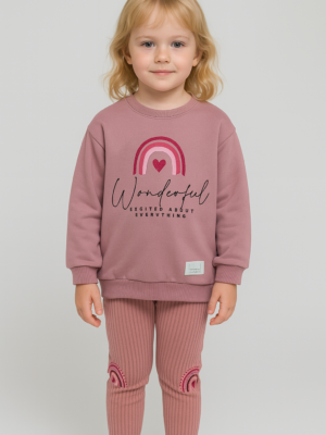 Kız Çocuk Wonderful Yazılı Gökkuşağı Baskılı - Fitilli - Uzun Kollu Takım - Almira Bebek