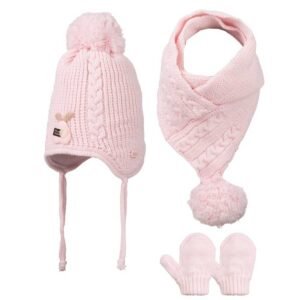 Kız Bebek Yünlü Atkı - Bere - Eldiven Seti Pembe Renk - Almira Bebek