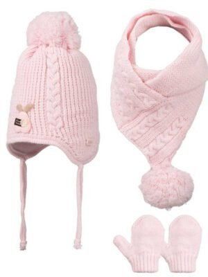 Kız Bebek Yünlü Atkı - Bere - Eldiven Seti Pembe Renk - Almira Bebek