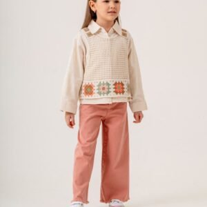Kız Çocuk Keten Gömlekli - Örgülü Süveterli - Pembe Renk Kot Pantolonlu 3lü Takım - Almira Bebek