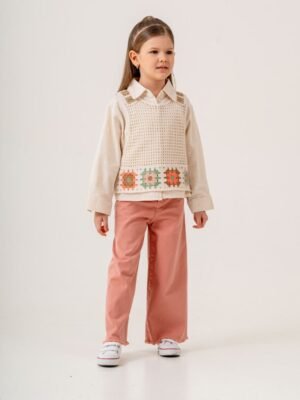 Kız Çocuk Keten Gömlekli - Örgülü Süveterli - Pembe Renk Kot Pantolonlu 3lü Takım - Almira Bebek