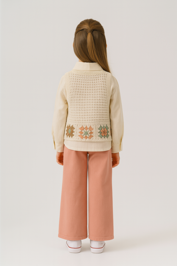 Kız Çocuk Keten Gömlekli - Örgülü Süveterli - Pembe Renk Kot Pantolonlu 3lü Takım - 2. görsel