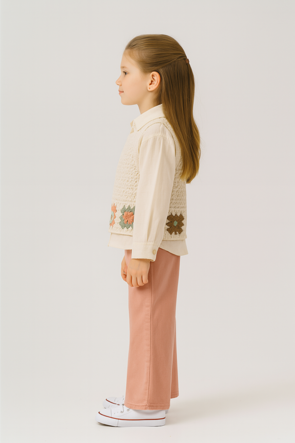 Kız Çocuk Keten Gömlekli - Örgülü Süveterli - Pembe Renk Kot Pantolonlu 3lü Takım - 3. görsel