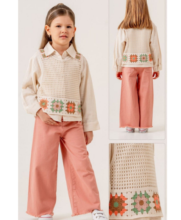 Kız Çocuk Keten Gömlekli - Örgülü Süveterli - Pembe Renk Kot Pantolonlu 3lü Takım - 4. görsel