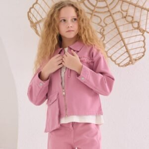 Kız Çocuk  - Cep Detaylı - Keten Ceket -tişört - Kargo Cepli Kot Pantolonlu Takım - Almira Bebek