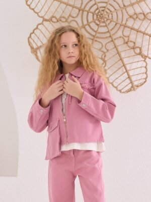 Kız Çocuk  - Cep Detaylı - Keten Ceket -tişört - Kargo Cepli Kot Pantolonlu Takım - Almira Bebek