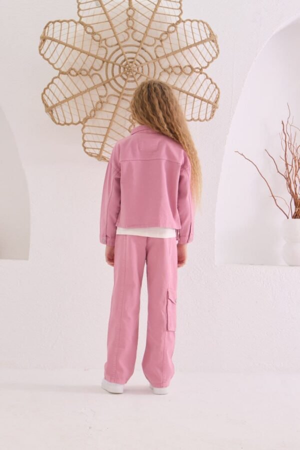 Kız Çocuk  - Cep Detaylı - Keten Ceket -tişört - Kargo Cepli Kot Pantolonlu Takım - 3. görsel