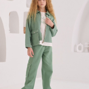 Kız Çocuk Önden Fermuarlı - Ceket - Kısakol Tişörtlü  - Keten Kot Kumaşlı Kot Takım - Almira Bebek