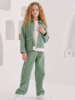 Kız Çocuk Önden Fermuarlı - Ceket - Kısakol Tişörtlü  - Keten Kot Kumaşlı Kot Takım - Almira Bebek