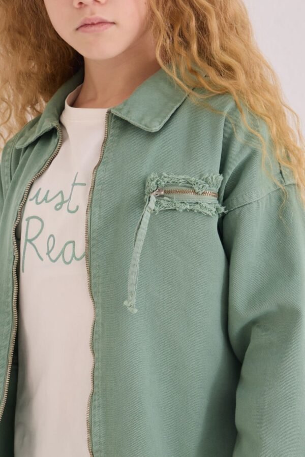 Kız Çocuk Önden Fermuarlı - Ceket - Kısakol Tişörtlü  - Keten Kot Kumaşlı Kot Takım - 2. görsel