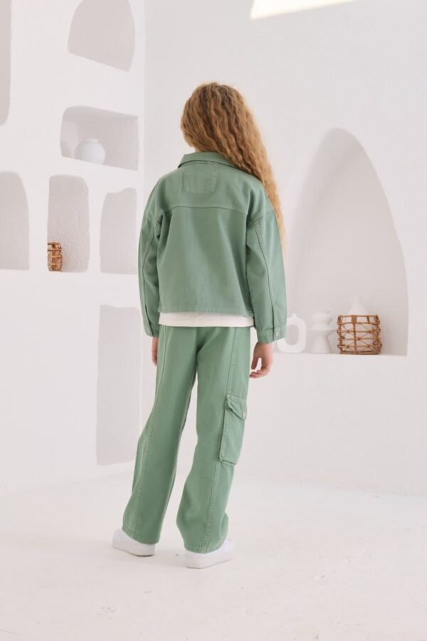 Kız Çocuk Önden Fermuarlı - Ceket - Kısakol Tişörtlü  - Keten Kot Kumaşlı Kot Takım - 4. görsel