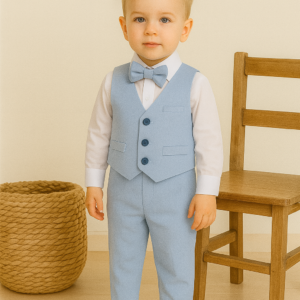 Erkek Bebek Uzun Kol Gömlekli - Papyonlu - Yelekli - Mavi Renk - Keten Takım - Almira Bebek