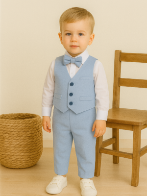 Erkek Bebek Uzun Kol Gömlekli - Papyonlu - Yelekli - Mavi Renk - Keten Takım - Almira Bebek