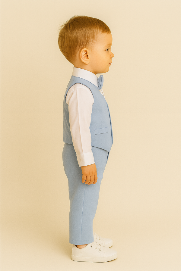 Erkek Bebek Uzun Kol Gömlekli - Papyonlu - Yelekli - Mavi Renk - Keten Takım - 2. görsel