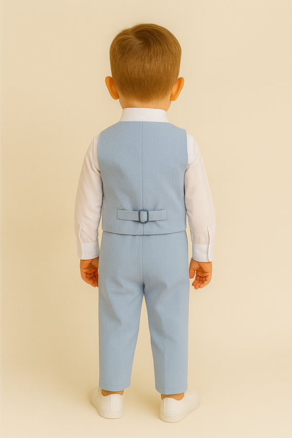 Erkek Bebek Uzun Kol Gömlekli - Papyonlu - Yelekli - Mavi Renk - Keten Takım - 3. görsel