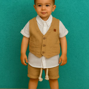 Erkek Çocuk Müslin Kumaş - Kısa Kol Gömlekli - Yelekli - Şort Takım - Almira Bebek