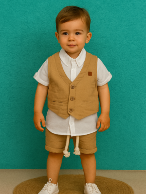 Erkek Çocuk Müslin Kumaş - Kısa Kol Gömlekli - Yelekli - Şort Takım - Almira Bebek