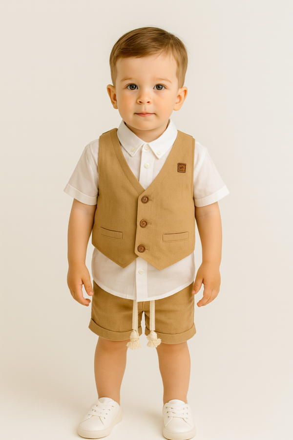 Erkek Çocuk Müslin Kumaş - Kısa Kol Gömlekli - Yelekli - Şort Takım - 2. görsel