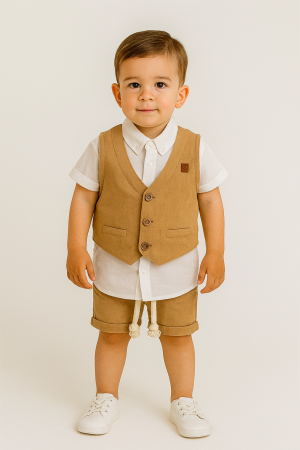 Erkek Çocuk Müslin Kumaş - Kısa Kol Gömlekli - Yelekli - Şort Takım - 3. görsel