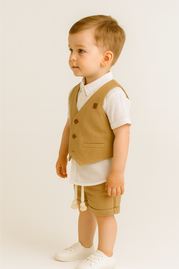 Erkek Çocuk Müslin Kumaş - Kısa Kol Gömlekli - Yelekli - Şort Takım - 4. görsel