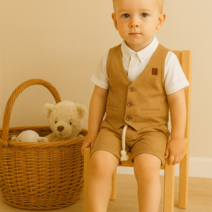 Erkek Çocuk Müslin Kumaş - Kısa Kollu Gömlek - Yelekli - Şortlu Takım - Almira Bebek