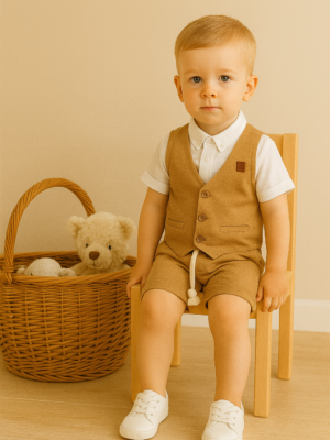Erkek Çocuk Müslin Kumaş - Kısa Kollu Gömlek - Yelekli - Şortlu Takım - Almira Bebek