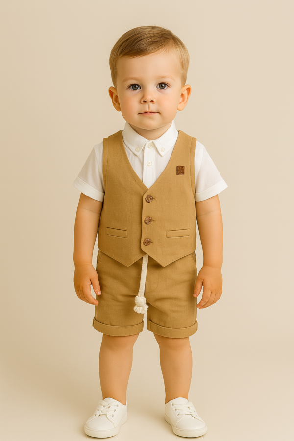 Erkek Çocuk Müslin Kumaş - Kısa Kollu Gömlek - Yelekli - Şortlu Takım - 2. görsel