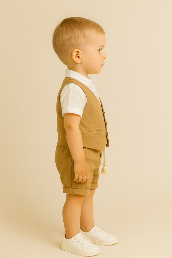 Erkek Çocuk Müslin Kumaş - Kısa Kollu Gömlek - Yelekli - Şortlu Takım - 3. görsel