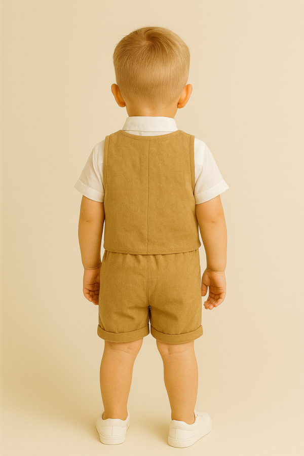 Erkek Çocuk Müslin Kumaş - Kısa Kollu Gömlek - Yelekli - Şortlu Takım - 4. görsel