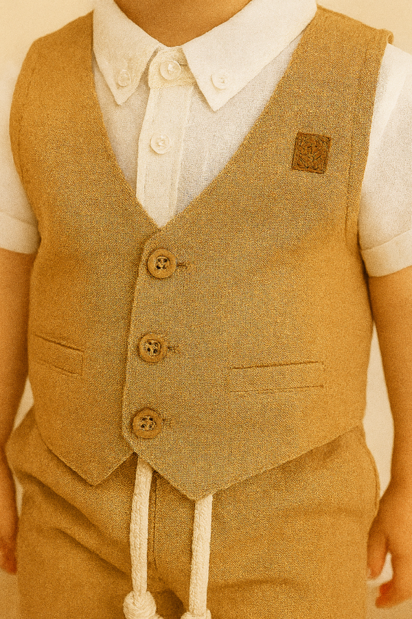 Erkek Çocuk Müslin Kumaş - Kısa Kollu Gömlek - Yelekli - Şortlu Takım - 5. görsel