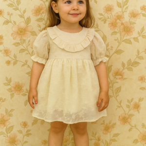 Kız Çocuk Kısa Kollu - Fistolu - Krem Renk Elbise - Almira Bebek