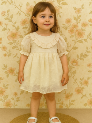 Kız Çocuk Kısa Kollu - Fistolu - Krem Renk Elbise - Almira Bebek