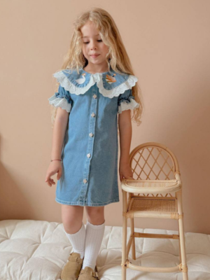 Kız Çocuk Yakası Ördek Nakışlı - Fistolu - Önden Düğmeli Kot Elbise - Almira Bebek