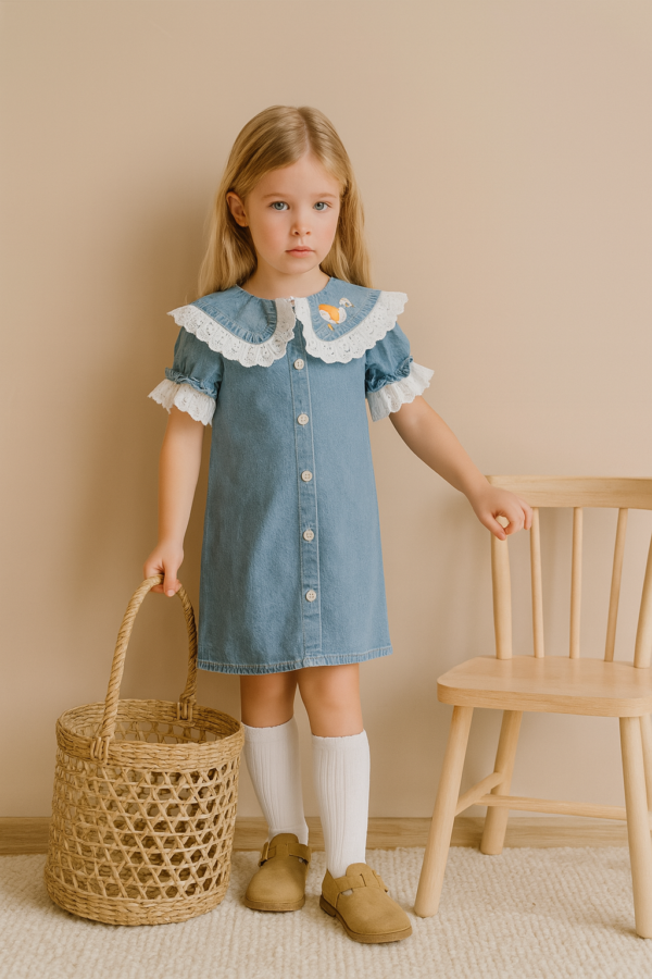 Kız Çocuk Yakası Ördek Nakışlı - Fistolu - Önden Düğmeli Kot Elbise - 2. görsel