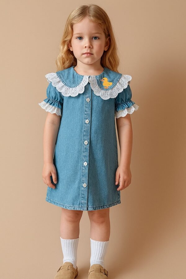 Kız Çocuk Kot Elbise Yakası Nakışlı Fistolu Düğmeli Yazlık Mavi Renk - Gorsel 3