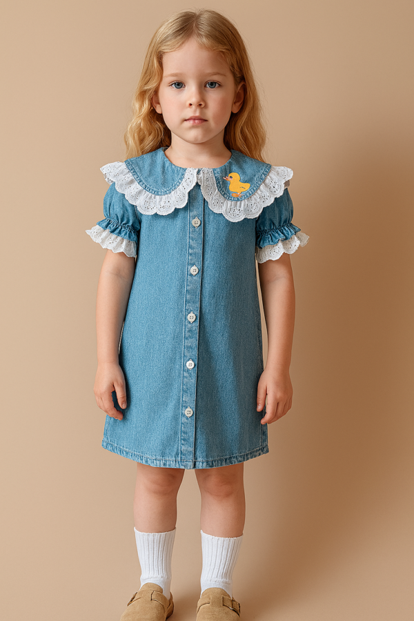 Kız Çocuk Yakası Ördek Nakışlı - Fistolu - Önden Düğmeli Kot Elbise - 3. görsel