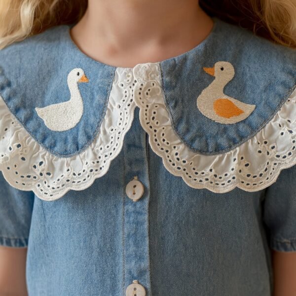 Kız Çocuk Kot Elbise Yakası Nakışlı Fistolu Düğmeli Yazlık Mavi Renk - Gorsel 4