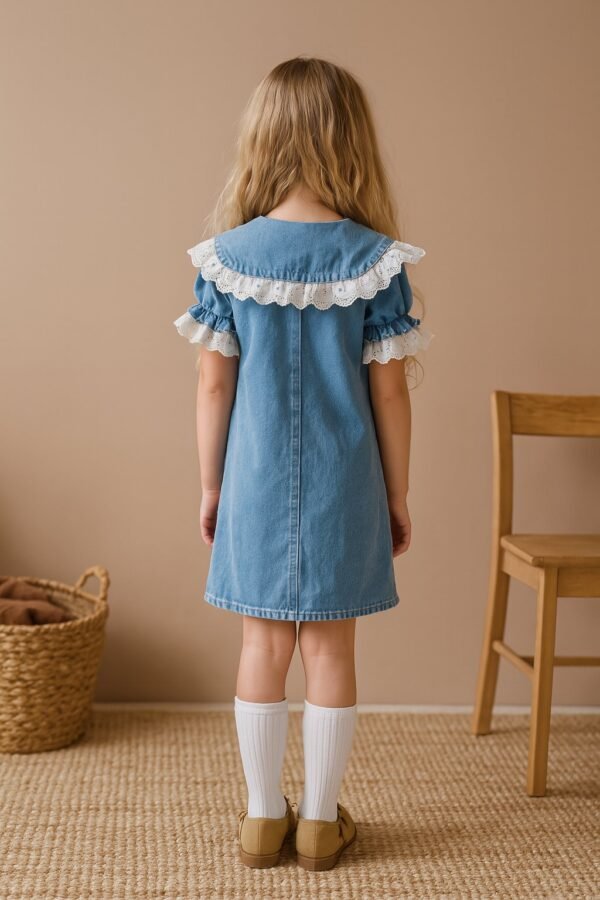 Kız Çocuk Kot Elbise Yakası Nakışlı Fistolu Düğmeli Yazlık Mavi Renk - Gorsel 5
