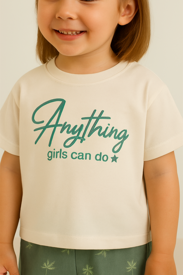 Kız Çocuk Girls Can Do Yazılı Kısa Kol Tişörtlü - Yeşil Renk Keten Şortlu Takım - 3. görsel